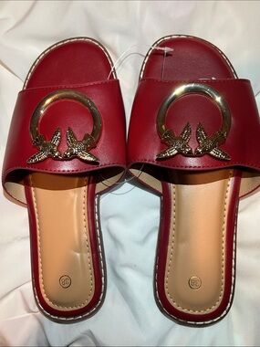 Red Slide Mules with Gold Ring & Bird Emblem